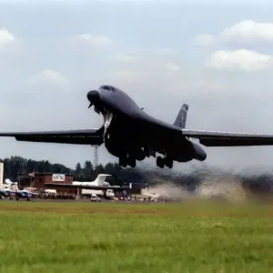 A United States Air Force Rockwell B-1 Lancer strategic bomber aircraft takes off on its A United States Air Force Rockwell B-1 Lancer strategic bomber aircraft takes off on its