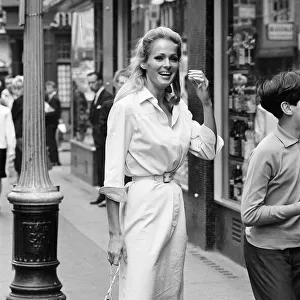 Ursula Andress, Swiss actress, pictured outside the offices of Gala Films Limited, London