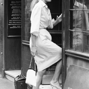 Ursula Andress, Swiss actress, pictured outside the offices of Gala Films Limited, London
