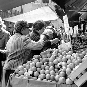 Venice, Italy, Venetians out food shopping at a local market. April 1975 75-2202