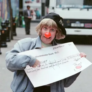 Victoria Wood with Comic Relief Red Nose and Cheque. 23rd March 1990