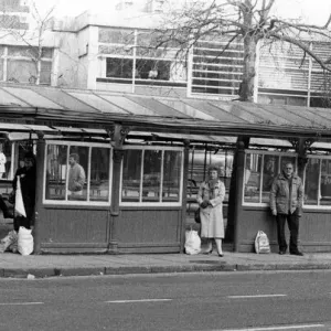 Print of a Victorian bus shelter in Hyde, circa 1985 Print of a Victorian bus shelter in Hyde, circa 1985