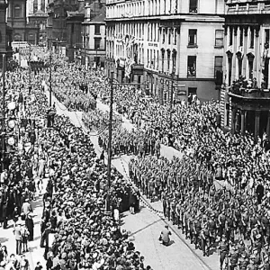 Victory Day Celebrations in Glasgow. Parade going along North side of George Square Victory Day Celebrations in Glasgow. Parade going along North side of George Square