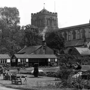 A view of Hexham Abbey as seen from the gardens and bowling green adjoining the Abbey