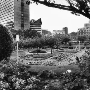 View of Piccadilly Gardens in Central Manchester. 31st August 1979