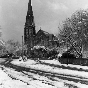 View of Sefton Park Church in Liverpool after a snowfall. January 1950