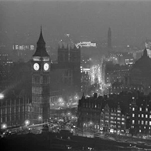 Views from the South Bank at night showing Big Ben. 13th December 1963