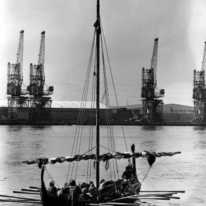 A Viking long ship miakes it way up the river Tyne on 21st July 1980 A Viking long ship miakes it way up the river Tyne on 21st July 1980