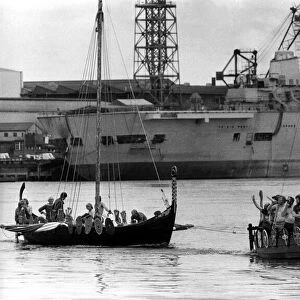 Two Viking long ships on the river Tyne on 24th July 1980
