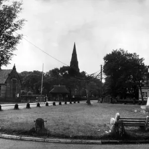 The village green at Knowsley, with the church in the background. October 1964 The village green at Knowsley, with the church in the background. October 1964