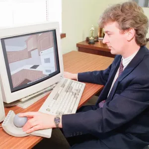 Ordinateur de bureau en réalité virtuelle, démonstration, jeudi 21 mai 1992. Ordinateur de bureau en réalité virtuelle, démonstration, jeudi 21 mai 1992.