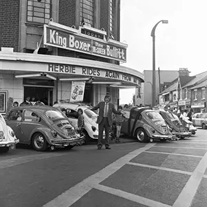 VW Beetles gather at the Odeon Cinema on the Newport Road to promote "