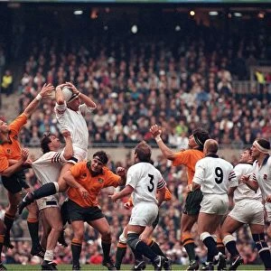 Wade Dooley in the air during England v Australia in Rugby world cup 1991