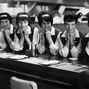 Waitresses at a motorway service station pose for the Camera. November 1963 P009589