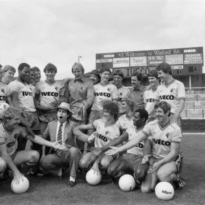 Watford FC chairman Elton John with Watford football team at a photocall