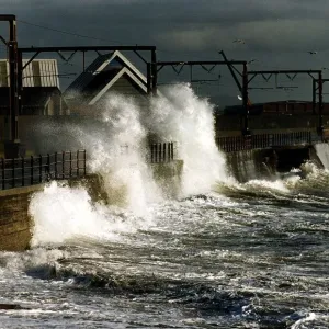 Waves crash against a wall at Solcots after heavy winds caused the sea to become rough Waves crash against a wall at Solcots after heavy winds caused the sea to become rough