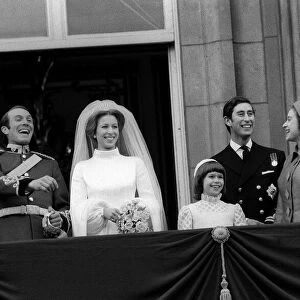 Wedding of Princess Anne to Mark Phillips on balcony 1973 of Buckingham palace with
