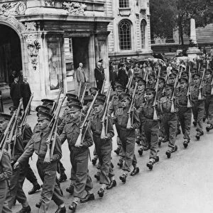 Welsh Guards on Parade, pass by City Hall, Cardiff, Wales, Circa 1939
