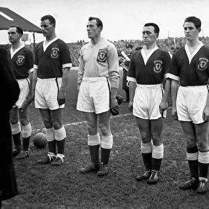 The Welsh team lines-up for the national anthem - Dave Bowen, John Charles, Jack Kelsey