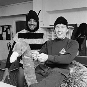 West Bromwich Albion Players, Cyrille Regis and Derek Statham wearing fancy dress