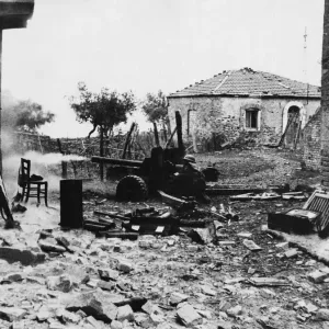 Western Canadian Infantry with anti-tank gun. A white death-trail of smoke