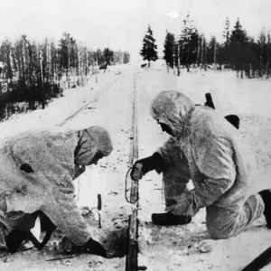 White clad paratroops of the Soviet Red Army, dropped behind enemy lines in Russia