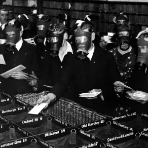 Whitley Bay Post Officer workers wear gas masks during air raid precaution training Whitley Bay Post Officer workers wear gas masks during air raid precaution training