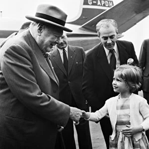 Winston Churchill pictured at London airport on his return home from the United States of