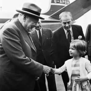 Winston Churchill pictured at London airport on his return home from the United States of Winston Churchill pictured at London airport on his return home from the United States of