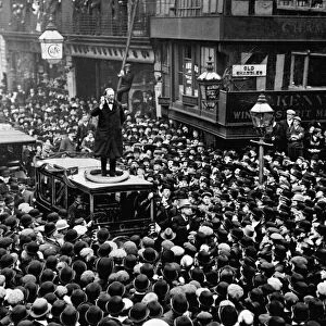 Winston Churchill speaking from the top of a car in Manchester in April 1908