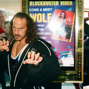 Wolf from Gladiators opening the new Blockbuster Video in Reading. 6th November 1994 Wolf from Gladiators opening the new Blockbuster Video in Reading. 6th November 1994