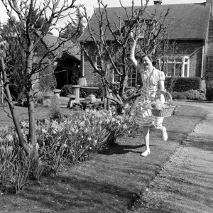 A woman leaping for joy with a basket full of daffodils picked from her garden on a A woman leaping for joy with a basket full of daffodils picked from her garden on a