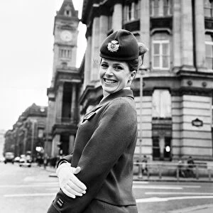 Woman modelling new BEA air stewardess uniform. 1st April 1968