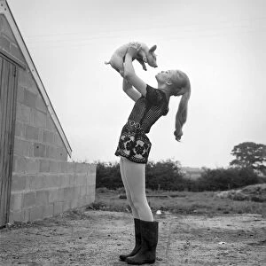 Woman with pig at her relatives farm. October 1969 Z10481-007
