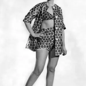 Woman wearing a patterned swimming costume. May 1962 P011068