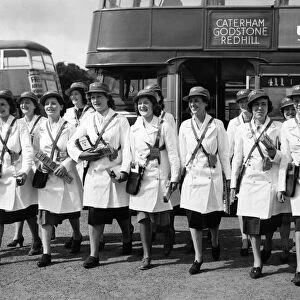 Women conductresses ready for work. a fine lot of girls off for the start of their new