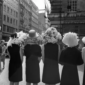 Women modelling hats for the 1966 Royal Ascot festiva - back view of the floral hatsl Women modelling hats for the 1966 Royal Ascot festiva - back view of the floral hatsl