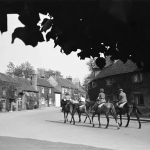 Women Riding Horses Down Village Road Print, Denham, 1945