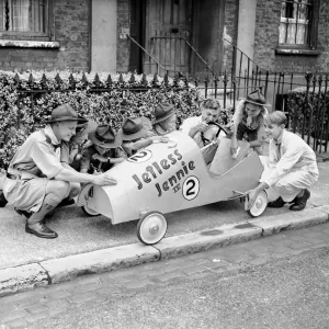 Woolwich boys prepare for Soapbox Derby, 30th August 1954 Woolwich boys prepare for Soapbox Derby, 30th August 1954