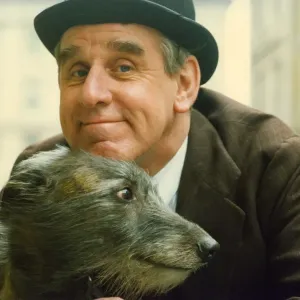 Wooly the RSC dog, Lurcher, with stage master actor Richard Moore Wooly the RSC dog, Lurcher, with stage master actor Richard Moore