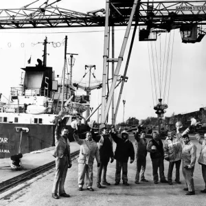 Garston Stevedores Print: Workmen Lifting Hats to Success
