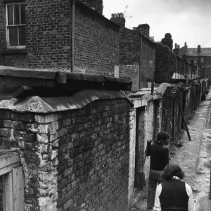 Workmen making general improvements to the narrow back passageways of a street in Everton Workmen making general improvements to the narrow back passageways of a street in Everton
