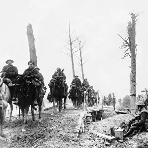 World War One British cavalry crossing a temporary bridge over the Somme near Brie