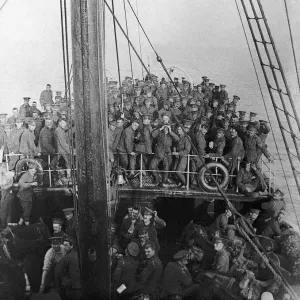 World War I British soldiers and their horses on board ship on their way across World War I British soldiers and their horses on board ship on their way across