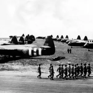 World War Two - Second World War - British glider-borne troops march out their aircraft