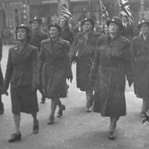 WVS on parade led by Miss Hilda Rovers on VE Day in Bridgend, 1945