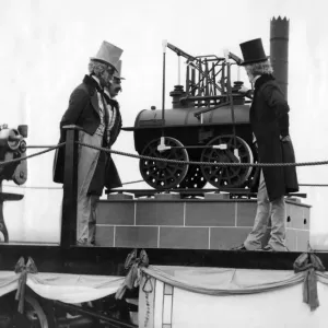 Print of a 1925 procession featuring locomotives and tableaux Print of a 1925 procession featuring locomotives and tableaux
