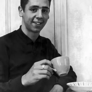 Young footballer Don Masson of Middlesborough heaving a cup of tea after hearing the news Young footballer Don Masson of Middlesborough heaving a cup of tea after hearing the news