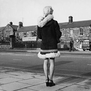 Young mother looking across road at Newcastle General Hospital. 31st October 1974
