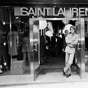 Yves Saint Laurent, designer, pictured outside his first London Rive Gauche store on New
